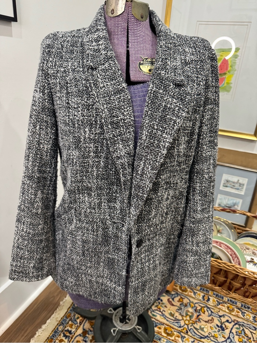 Lucky Brand Black & White Tweed Blazer, Sz M, textured classic preppy minimalist